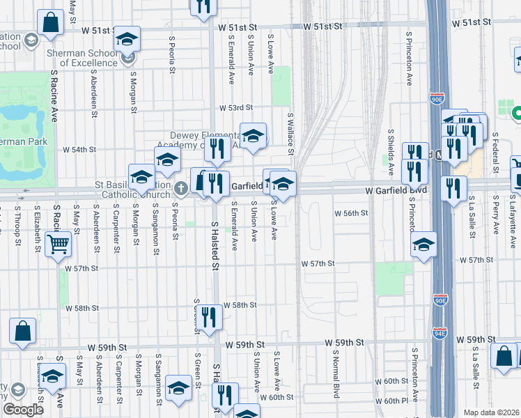 map of restaurants, bars, coffee shops, grocery stores, and more near 5530 South Lowe Avenue in Chicago