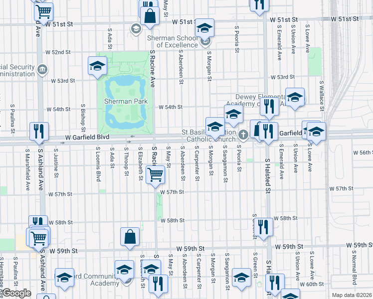 map of restaurants, bars, coffee shops, grocery stores, and more near 5524 South Aberdeen Street in Chicago