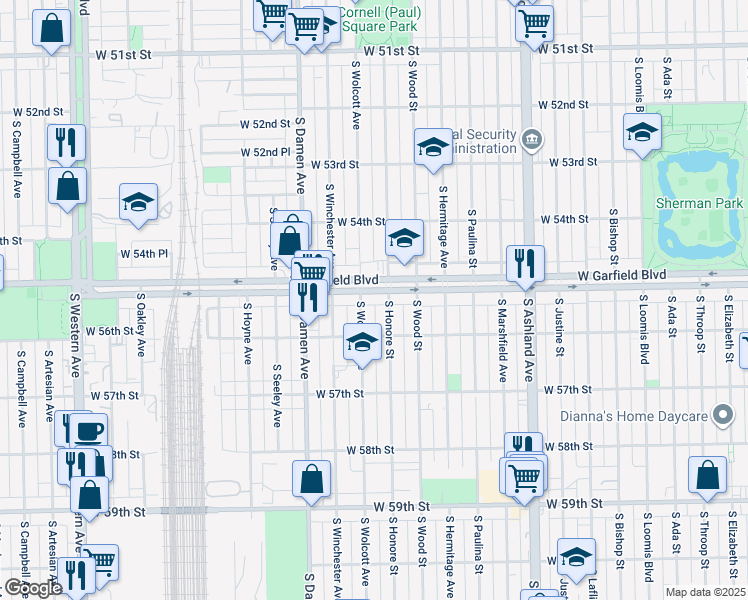 map of restaurants, bars, coffee shops, grocery stores, and more near 5514 South Wolcott Avenue in Chicago