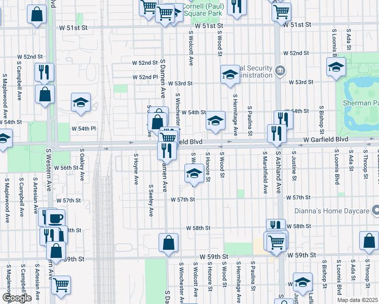 map of restaurants, bars, coffee shops, grocery stores, and more near 5514 South Wolcott Avenue in Chicago
