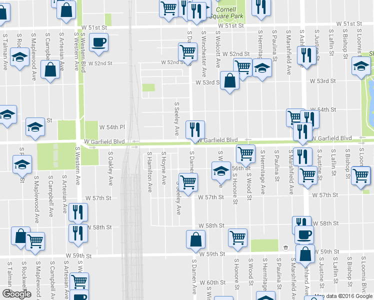 map of restaurants, bars, coffee shops, grocery stores, and more near 5517 South Seeley Avenue in Chicago