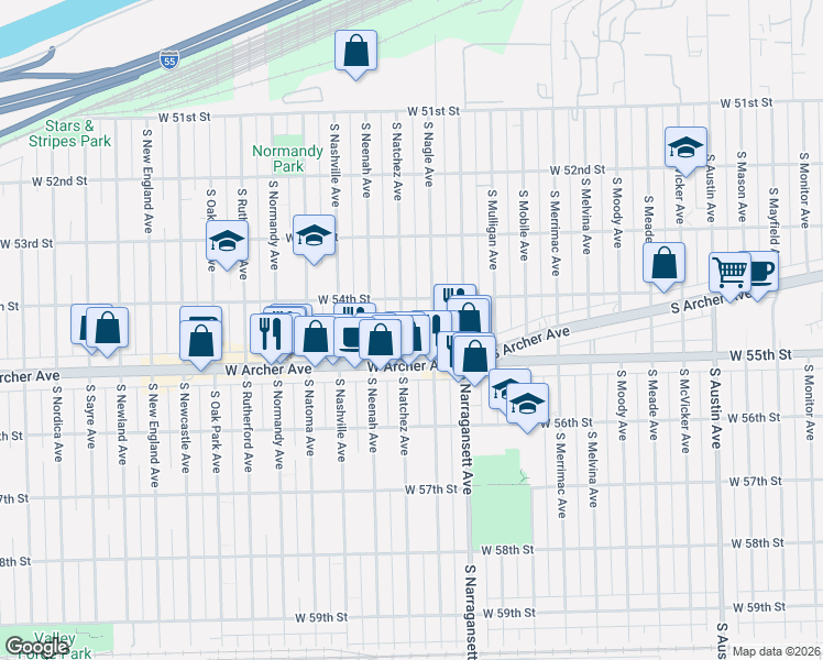 map of restaurants, bars, coffee shops, grocery stores, and more near 5438 South Natchez Avenue in Chicago