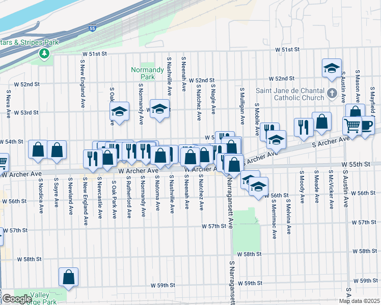 map of restaurants, bars, coffee shops, grocery stores, and more near 5438 South Natchez Avenue in Chicago
