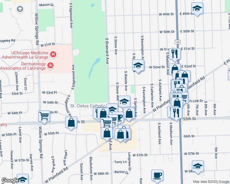 map of restaurants, bars, coffee shops, grocery stores, and more near 1128 South Stone Avenue in La Grange