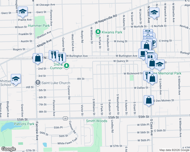 map of restaurants, bars, coffee shops, grocery stores, and more near 110 South Park Street in Westmont