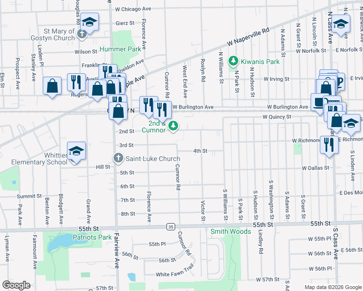 map of restaurants, bars, coffee shops, grocery stores, and more near 124 4th Street in Downers Grove