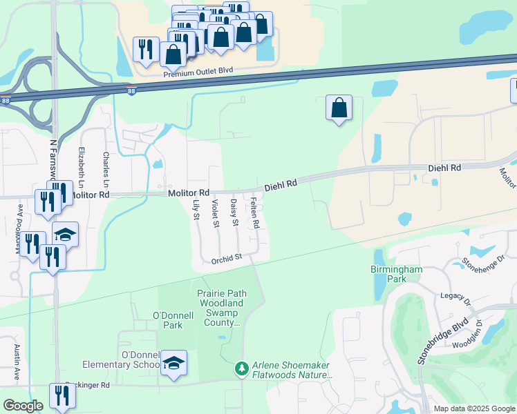 map of restaurants, bars, coffee shops, grocery stores, and more near 1761 Felten Road in Aurora