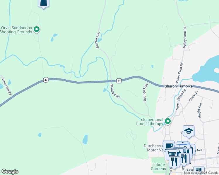 map of restaurants, bars, coffee shops, grocery stores, and more near 118 Stanford Road in Millbrook