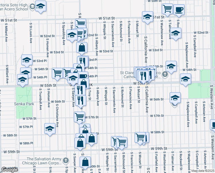 map of restaurants, bars, coffee shops, grocery stores, and more near 3025 West 55th Street in Chicago