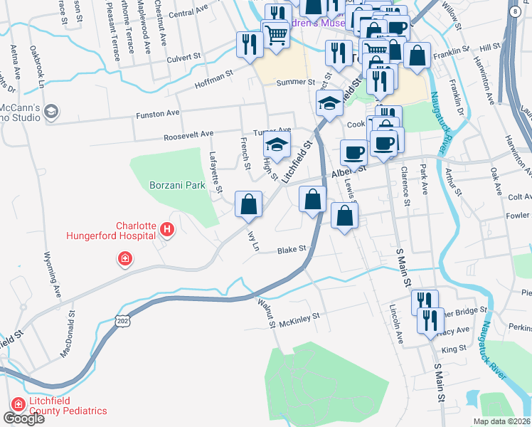 map of restaurants, bars, coffee shops, grocery stores, and more near 433 Litchfield Street in Torrington