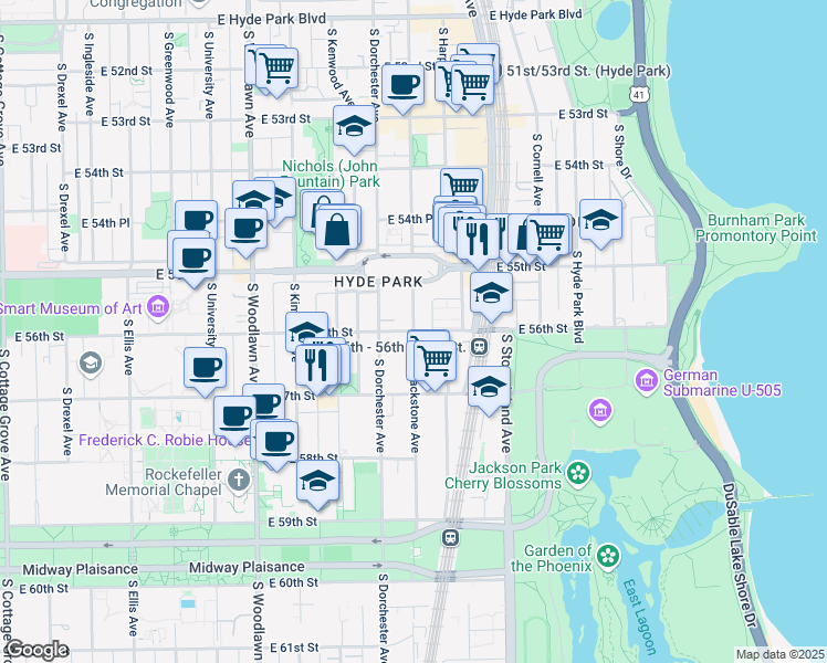 map of restaurants, bars, coffee shops, grocery stores, and more near S Blackstone Ave & E 56th St in Chicago