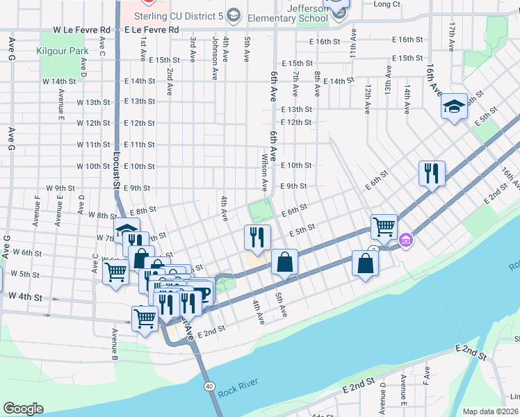 map of restaurants, bars, coffee shops, grocery stores, and more near 506 East 6th Street in Sterling