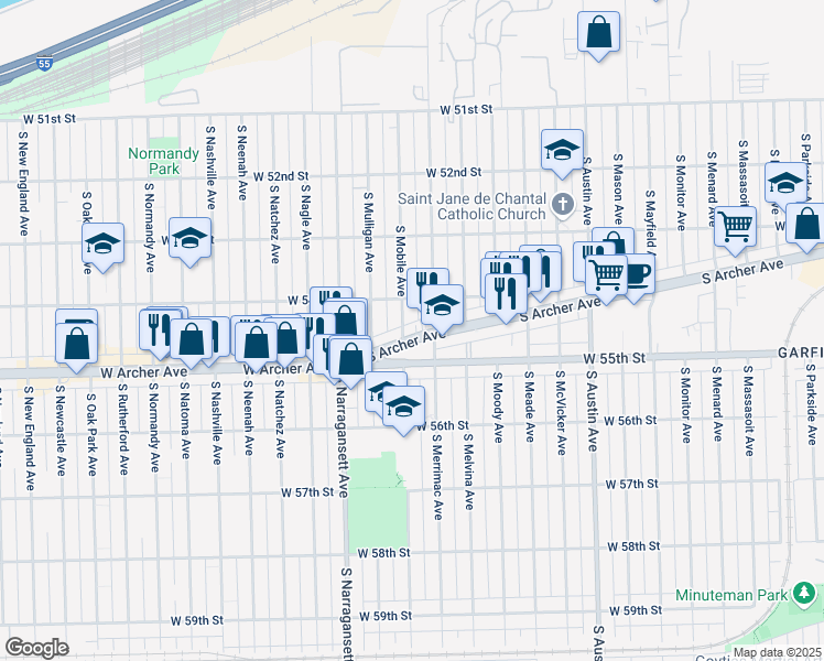 map of restaurants, bars, coffee shops, grocery stores, and more near 6301 South Archer Avenue in Chicago