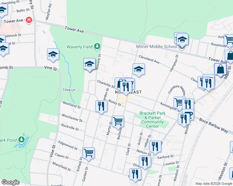 map of restaurants, bars, coffee shops, grocery stores, and more near 46 Risley Street in Hartford