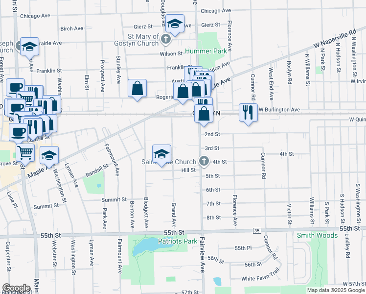 map of restaurants, bars, coffee shops, grocery stores, and more near 5151 Grand Avenue in Downers Grove