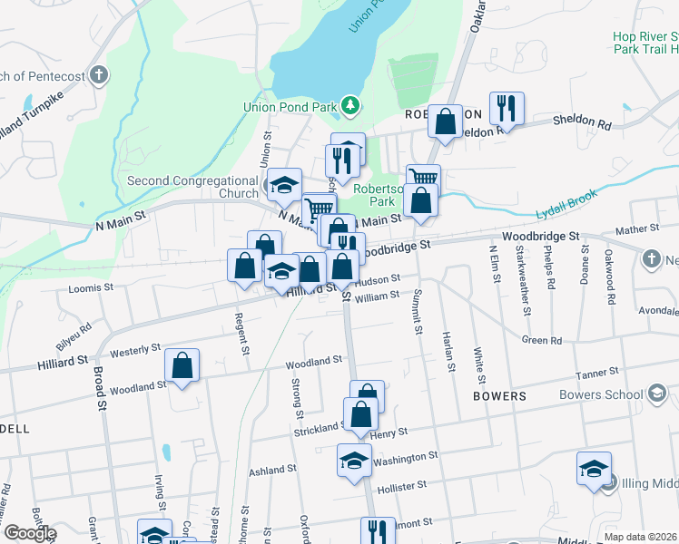 map of restaurants, bars, coffee shops, grocery stores, and more near 18 Main Street in Manchester