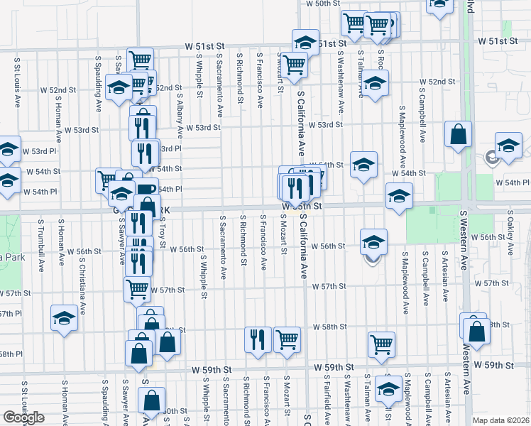 map of restaurants, bars, coffee shops, grocery stores, and more near 5519 South Francisco Avenue in Chicago