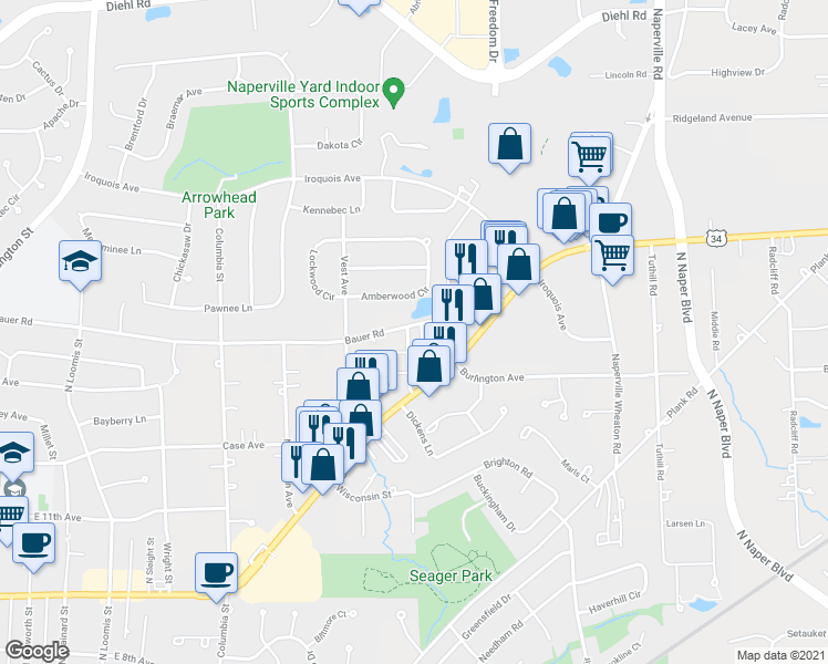 map of restaurants, bars, coffee shops, grocery stores, and more near 1470 North Charles Avenue in Naperville