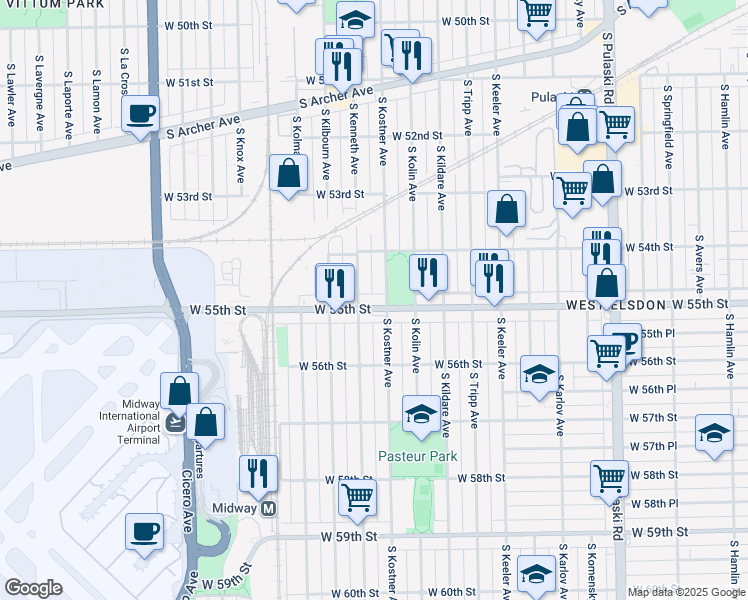 map of restaurants, bars, coffee shops, grocery stores, and more near 4418 West 55th Street in Chicago