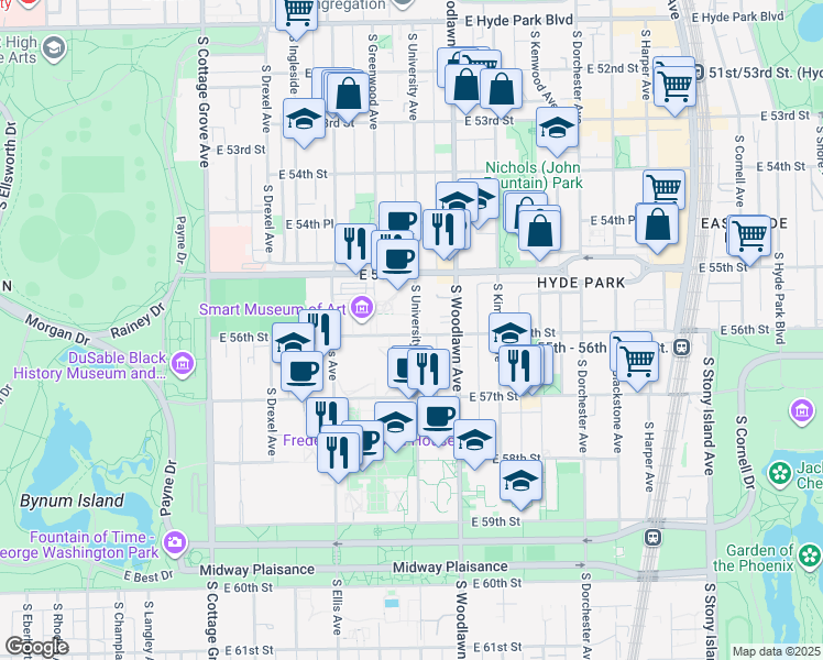 map of restaurants, bars, coffee shops, grocery stores, and more near 5556 South University Avenue in Chicago