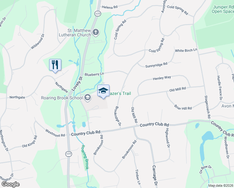 map of restaurants, bars, coffee shops, grocery stores, and more near 53 Brookridge Drive in Avon