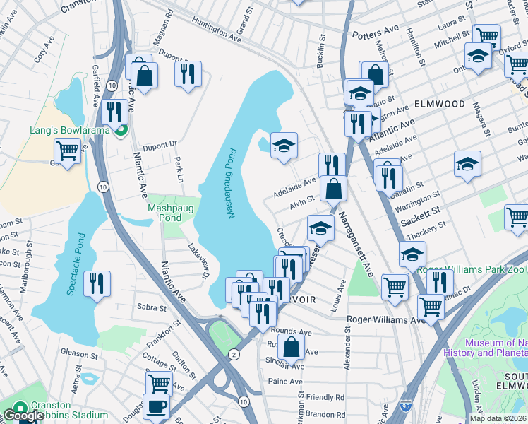 map of restaurants, bars, coffee shops, grocery stores, and more near 92 Crescent Street in Providence