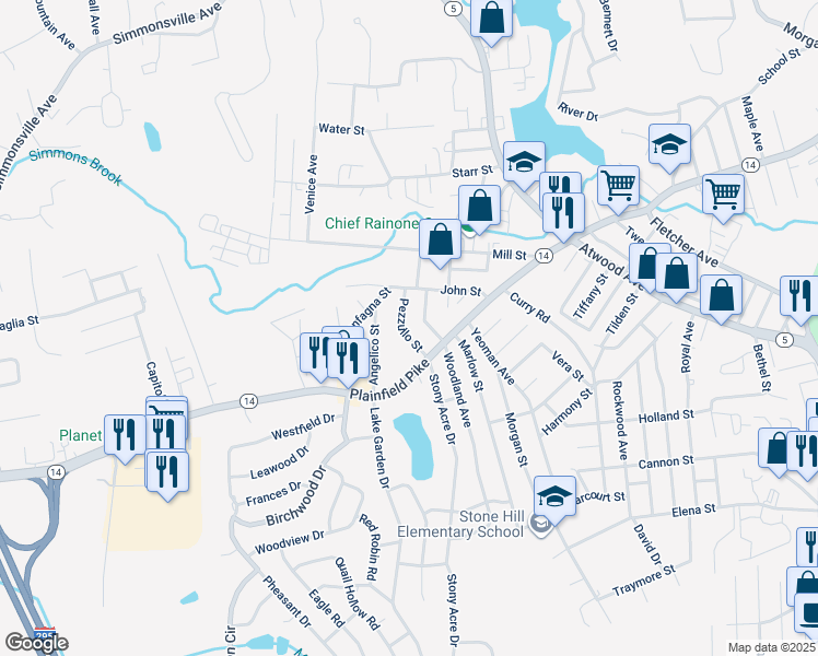 map of restaurants, bars, coffee shops, grocery stores, and more near 7 Pezzullo Street in Johnston
