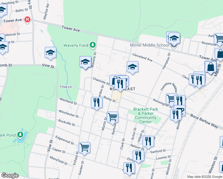 map of restaurants, bars, coffee shops, grocery stores, and more near 46 Risley Street in Hartford