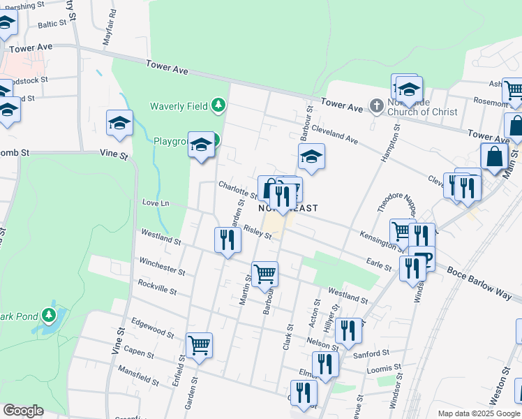 map of restaurants, bars, coffee shops, grocery stores, and more near 46 Risley Street in Hartford