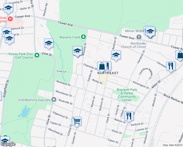 map of restaurants, bars, coffee shops, grocery stores, and more near 46 Risley Street in Hartford