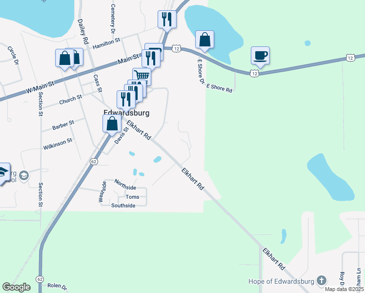 map of restaurants, bars, coffee shops, grocery stores, and more near 69251 Meadowview Drive in Edwardsburg