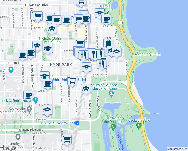 map of restaurants, bars, coffee shops, grocery stores, and more near in Chicago