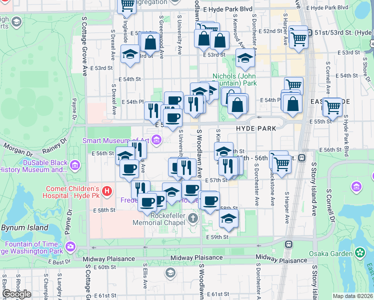 map of restaurants, bars, coffee shops, grocery stores, and more near 5618 South Woodlawn Avenue in Chicago