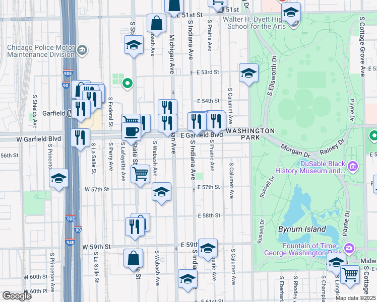 map of restaurants, bars, coffee shops, grocery stores, and more near 5542 South Indiana Avenue in Chicago