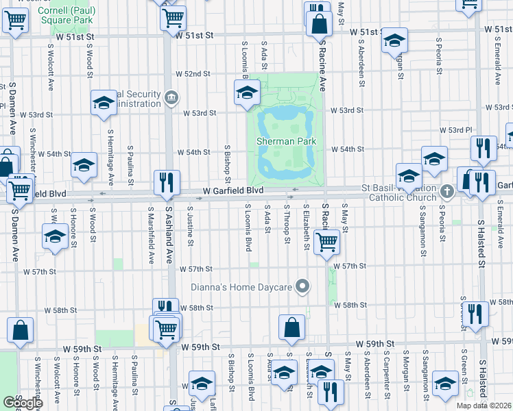 map of restaurants, bars, coffee shops, grocery stores, and more near 5524 South Ada Street in Chicago