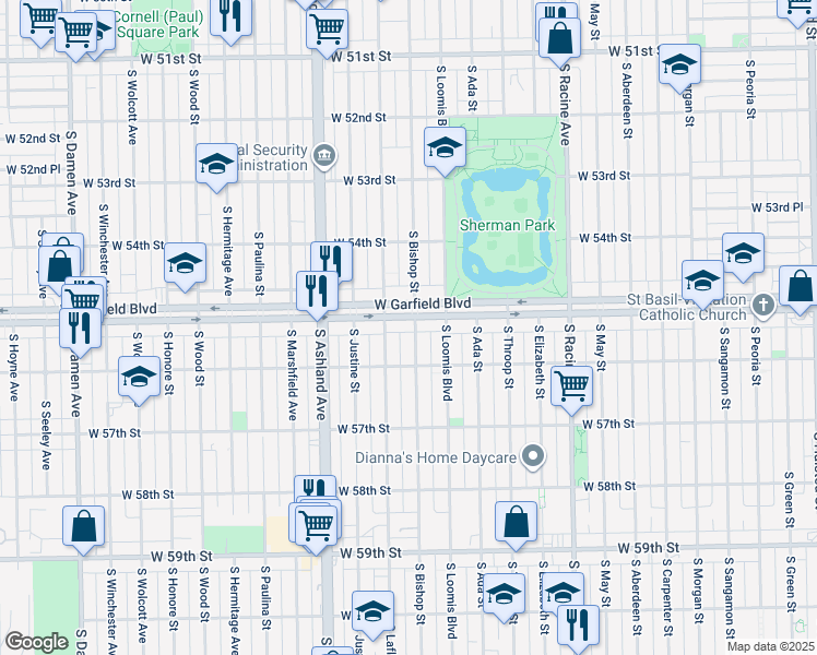map of restaurants, bars, coffee shops, grocery stores, and more near 5518 South Bishop Street in Chicago