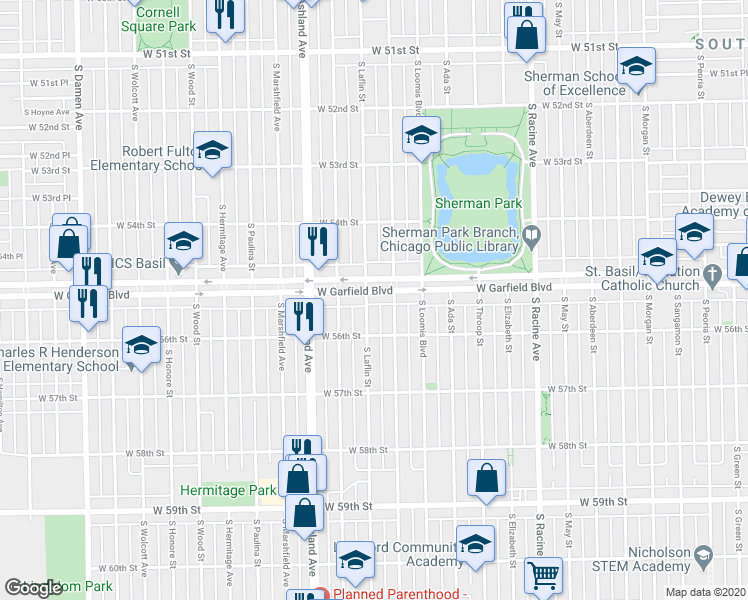 map of restaurants, bars, coffee shops, grocery stores, and more near 5518 South Bishop Street in Chicago