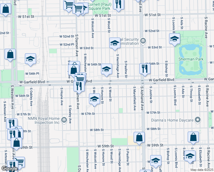 map of restaurants, bars, coffee shops, grocery stores, and more near 5515 South Honore Street in Chicago