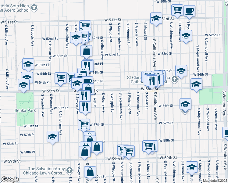map of restaurants, bars, coffee shops, grocery stores, and more near 5518 South Sacramento Avenue in Chicago