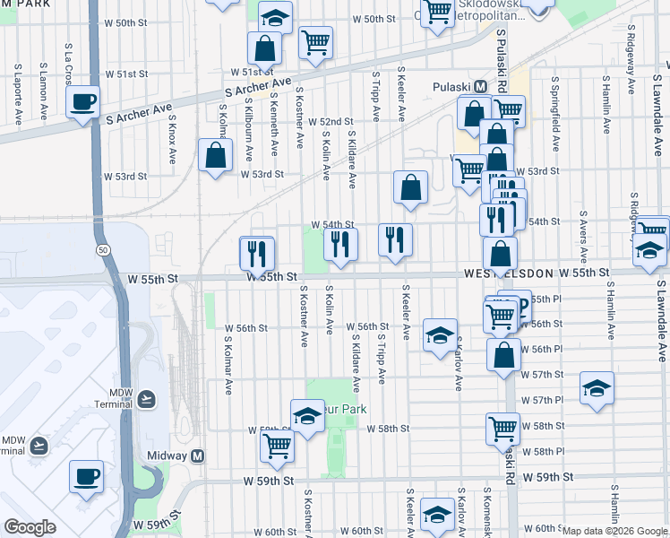 map of restaurants, bars, coffee shops, grocery stores, and more near 4335 West 55th Street in Chicago
