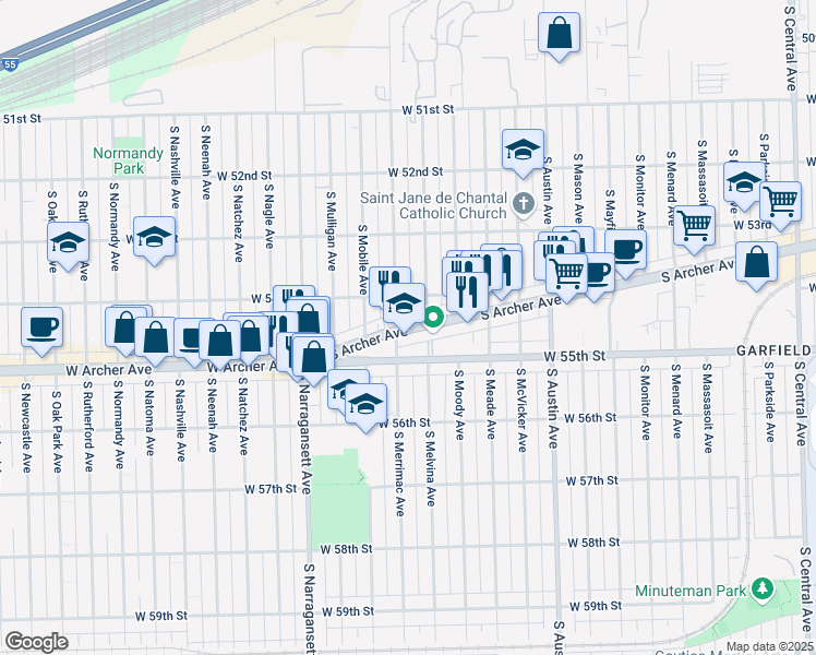 map of restaurants, bars, coffee shops, grocery stores, and more near 6255 South Archer Avenue in Chicago
