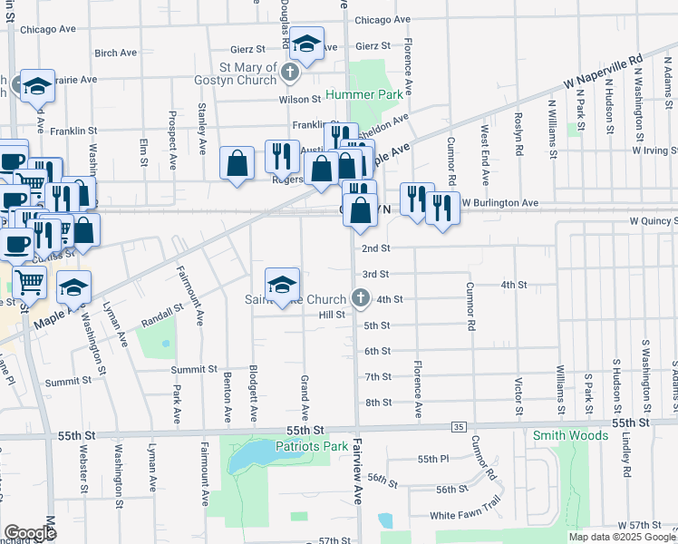 map of restaurants, bars, coffee shops, grocery stores, and more near 5151 Grand Avenue in Downers Grove