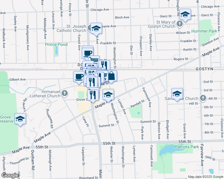 map of restaurants, bars, coffee shops, grocery stores, and more near 5202 Washington Street in Downers Grove