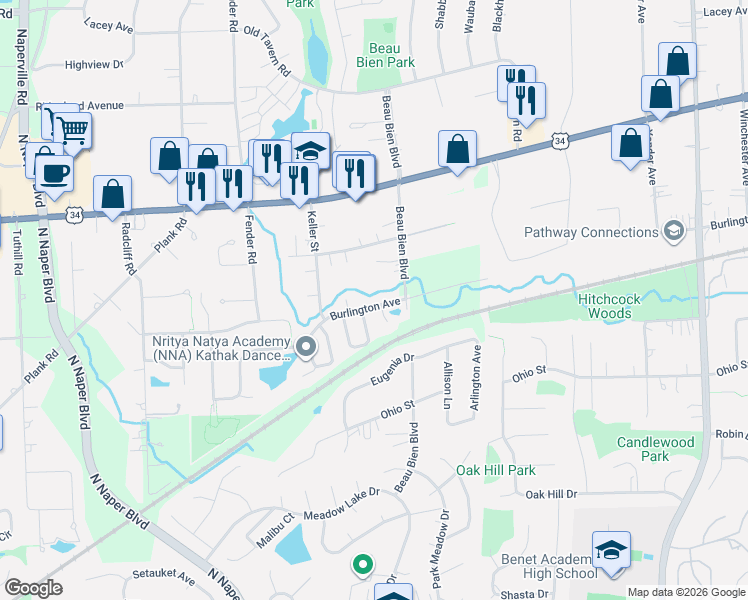 map of restaurants, bars, coffee shops, grocery stores, and more near 24W570 Burlington Avenue in Naperville