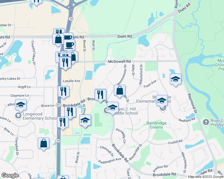 map of restaurants, bars, coffee shops, grocery stores, and more near 1507 Westminster Drive in Naperville