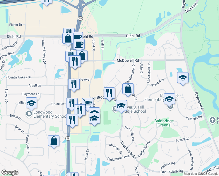 map of restaurants, bars, coffee shops, grocery stores, and more near Spice Run Drive in Naperville