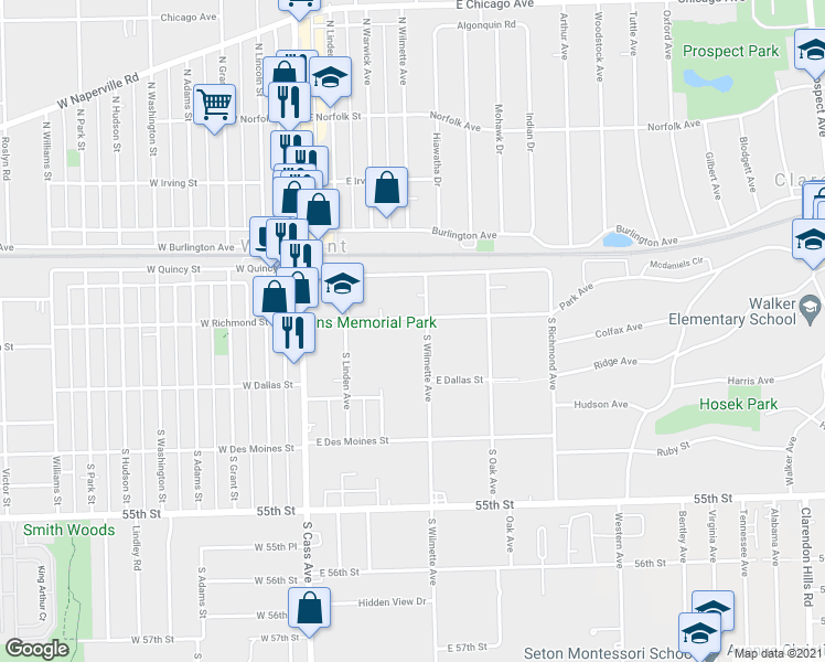 map of restaurants, bars, coffee shops, grocery stores, and more near 135 E Richmond St in Westmont