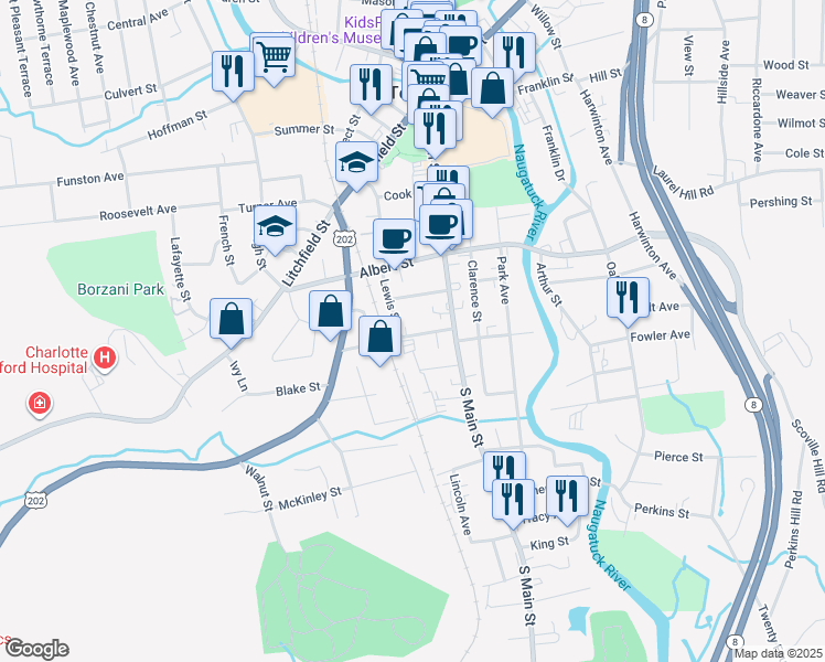 map of restaurants, bars, coffee shops, grocery stores, and more near 58 Brooker Street in Torrington