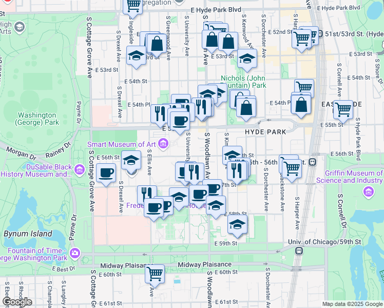 map of restaurants, bars, coffee shops, grocery stores, and more near 5557-59 South University Avenue in Chicago