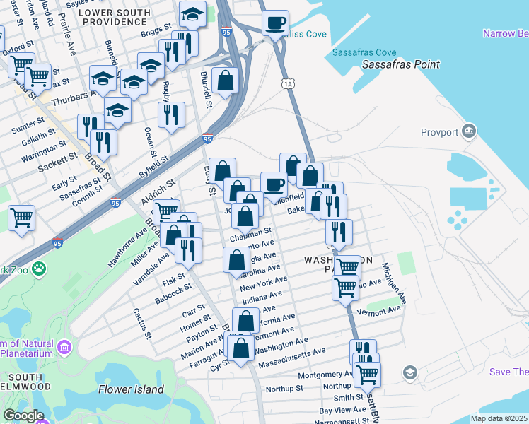 map of restaurants, bars, coffee shops, grocery stores, and more near 17 Virginia Avenue in Providence